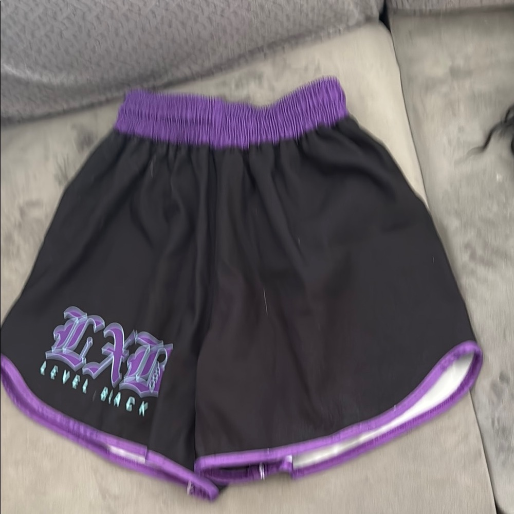 Black and Purple Athletic Shorts with Elastic Waistband